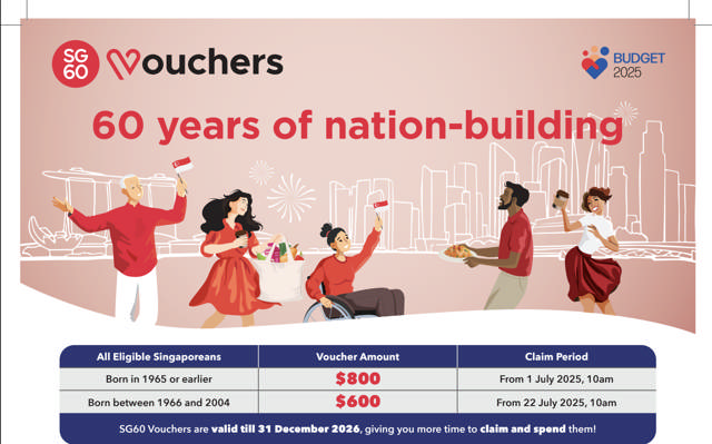 Mothership: S'poreans 60 & above can claim S$800 in SG60 vouchers from Jul. 1, 21 to 59 year olds can claim S$600 in SG60 voucher from Jul. 22